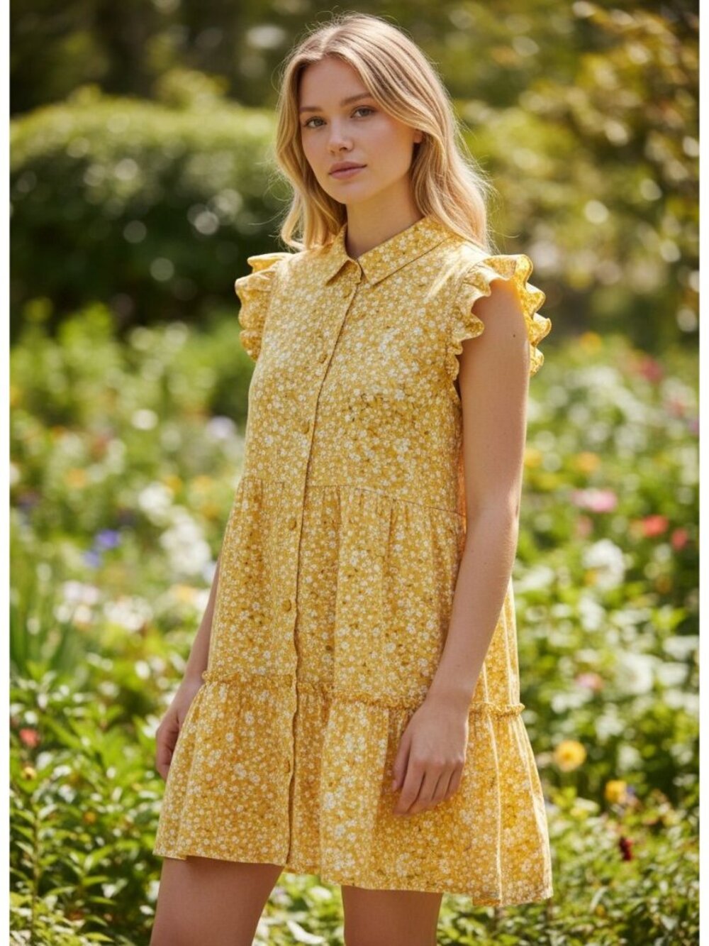 True Craft Womens Yellow Floral Ruffle Sleeve Button-Front Cotton Dress XL